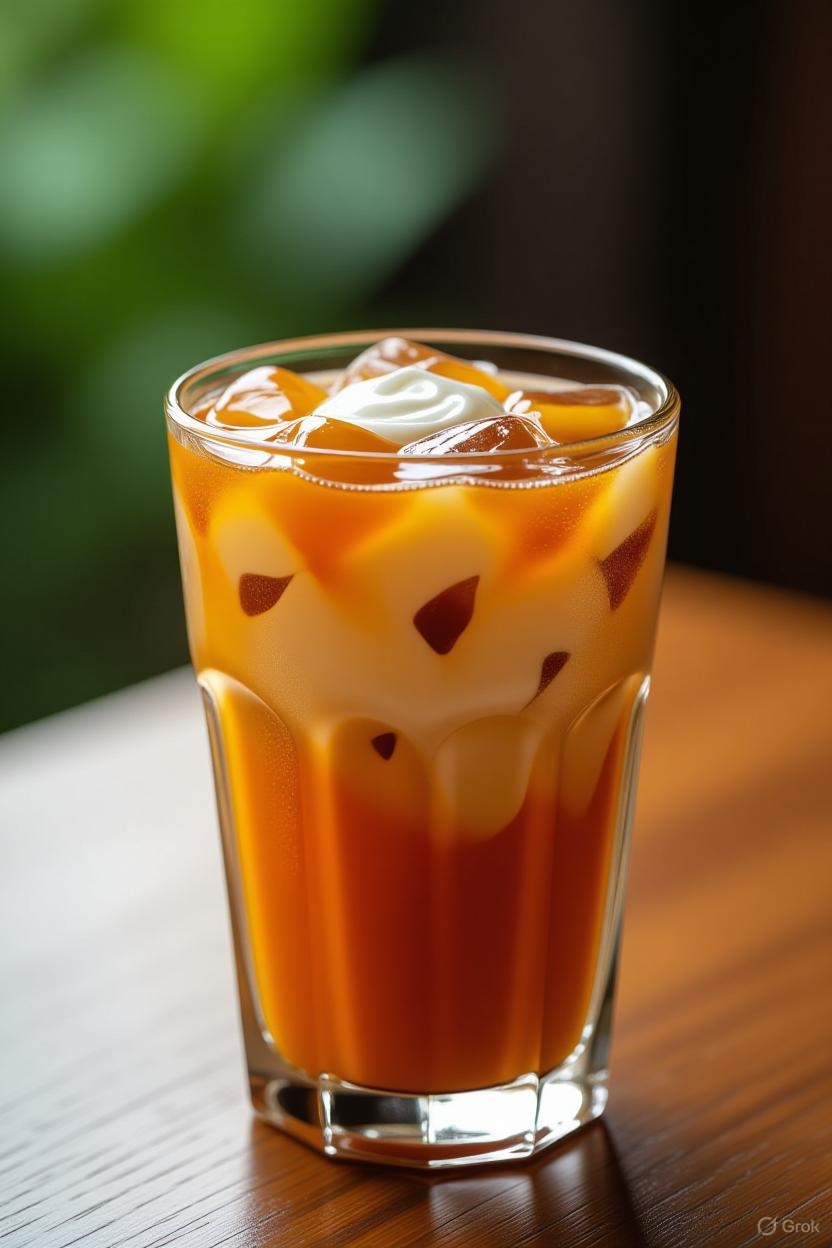Final result of Thai iced tea in a glass with perfect orange color and creamy texture