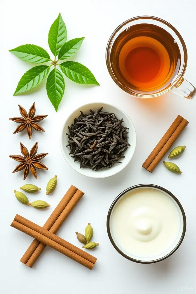 Thai iced tea ingredients including tea leaves, spices, and condensed milk