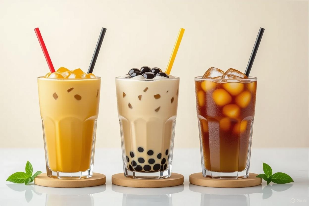Thai iced tea variations including boba, classic, and hot versions